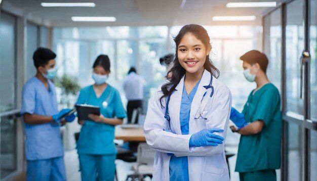 Smiling doctor in white coat with colleagues in a hospital hallway.