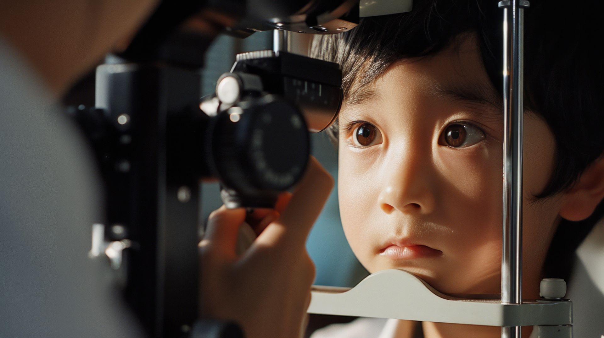 Boy getting eye exam with an ophthalmoscope; looking forward with a concerned expression.