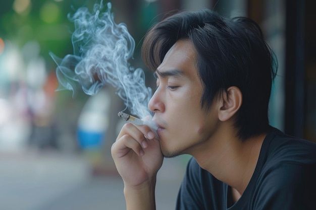 Man exhaling smoke from a lit cigarette, eyes closed, outdoors.