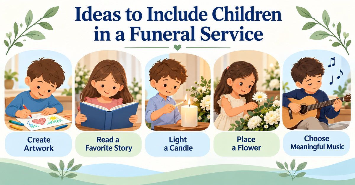 Five illustrated ways children can participate in a funeral in Laredo TX