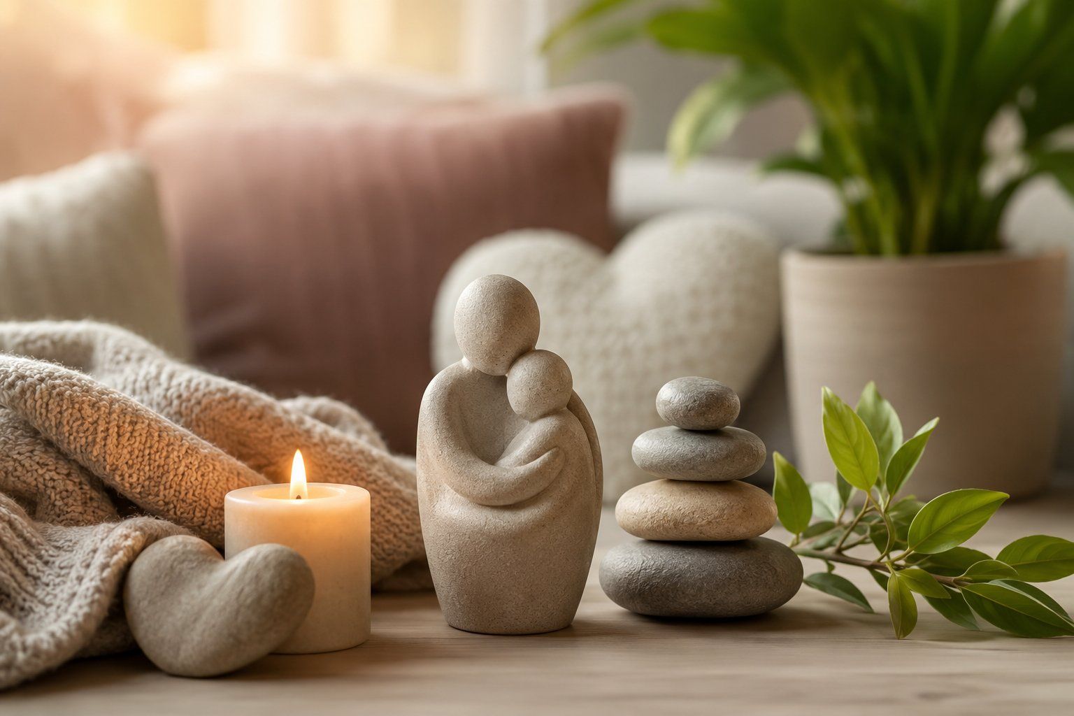 Comforting grief support display with candle, embracing sculpture, and calming décor