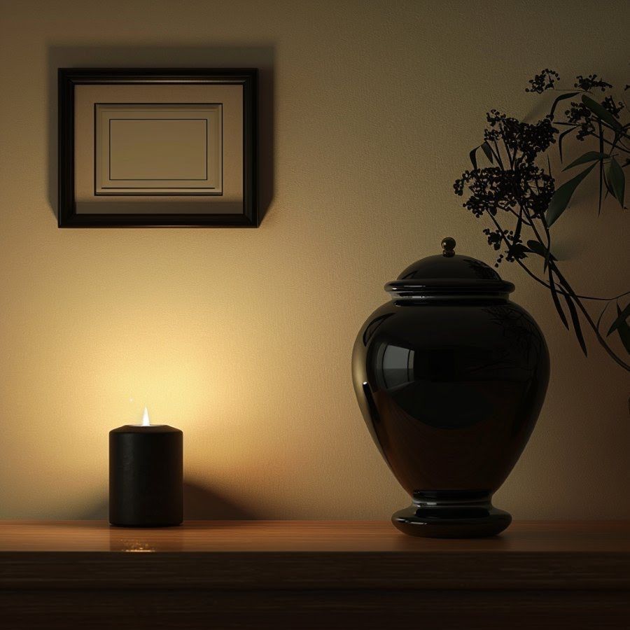 A black urn with a lit candle and floral decor arranged on a wooden shelf, symbolizing a respectful cremation service in Laredo, TX.