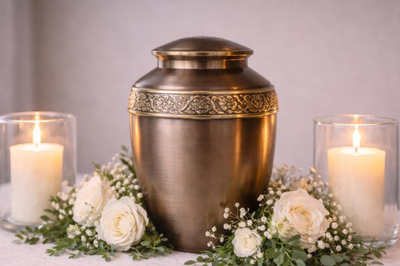 Bronze cremation urn surrounded by white roses and greenery, flanked by lit candles on a memorial table at a Funeral Home El Cenizo, TX.