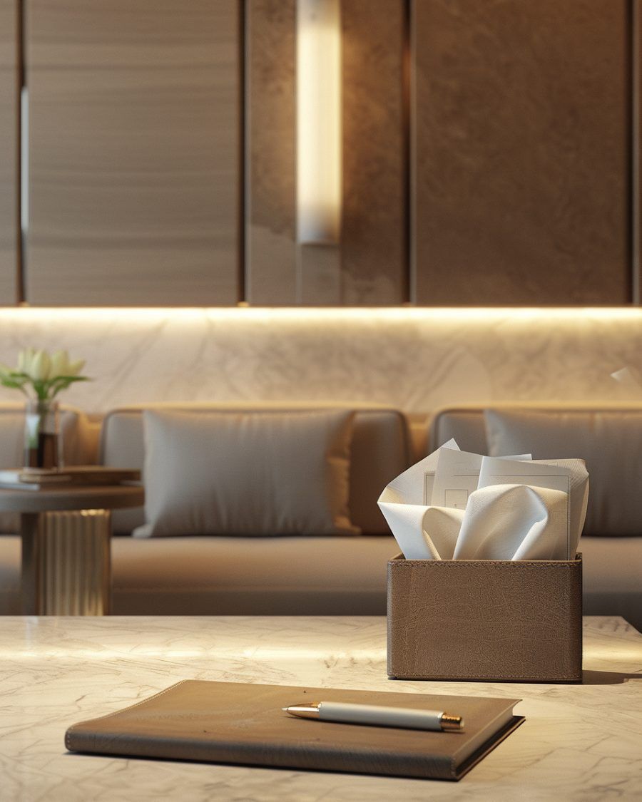 A calm funeral arrangement room with tissues, notebook, and seating designed for compassionate funeral planning in Laredo, TX.