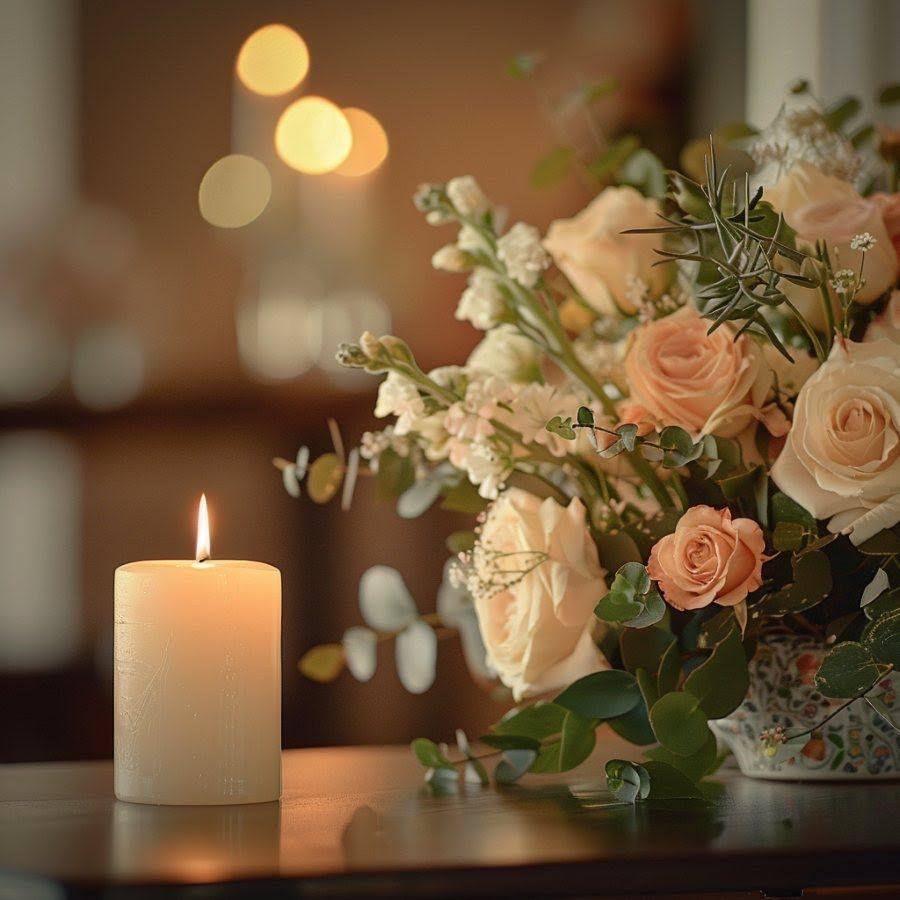 A softly lit candle beside a bouquet of roses and greenery arranged for a warm and elegant tribute during funeral services in Laredo, TX.