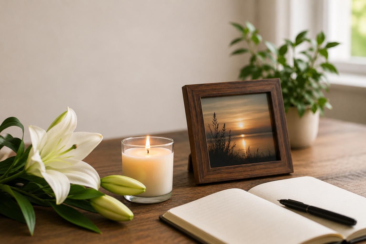 Memorial candle, white lilies, remembrance photo, and journal in a peaceful tribute setting in El Ce