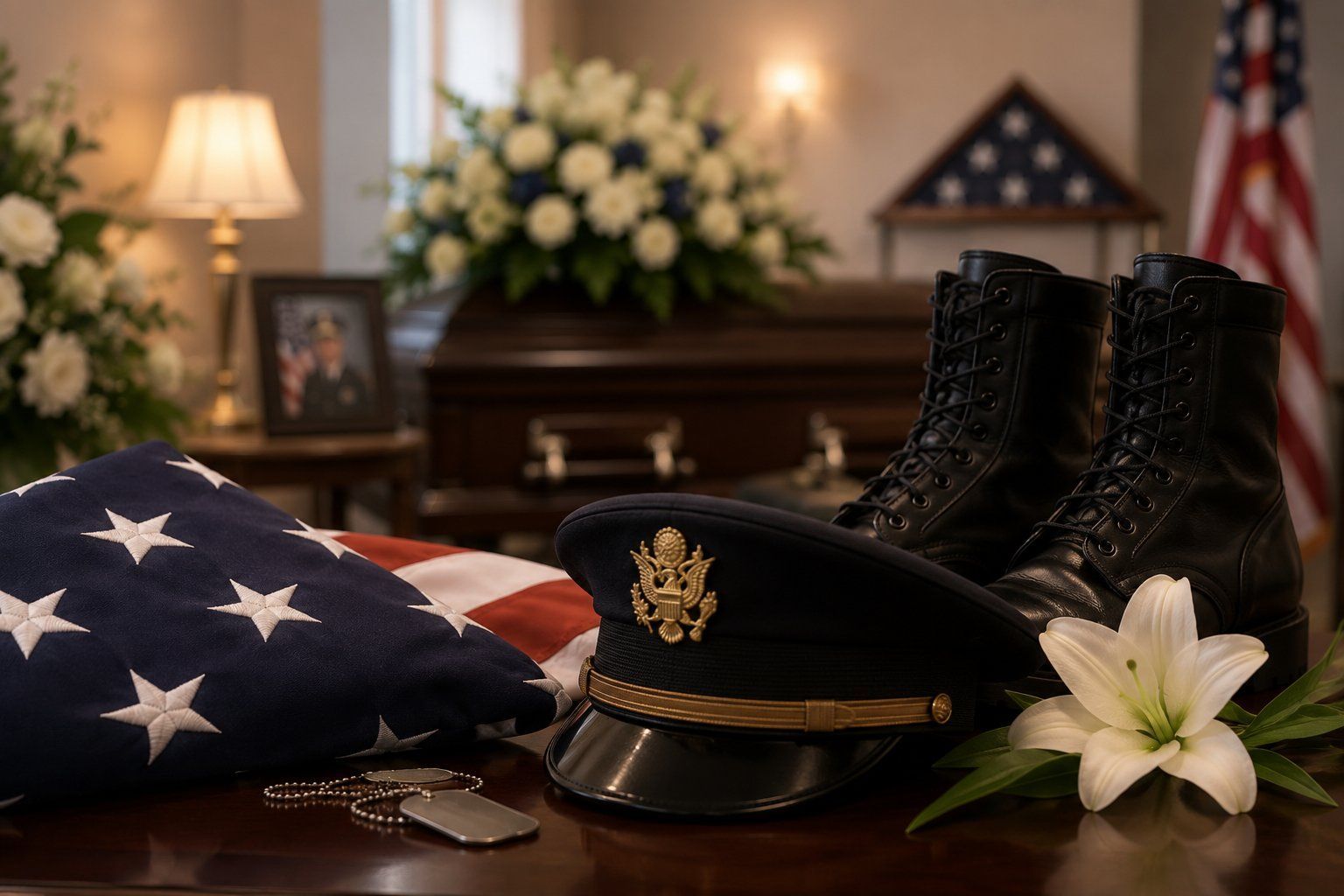 Military funeral tribute with folded American flag, service cap, boots, and memorial flowers