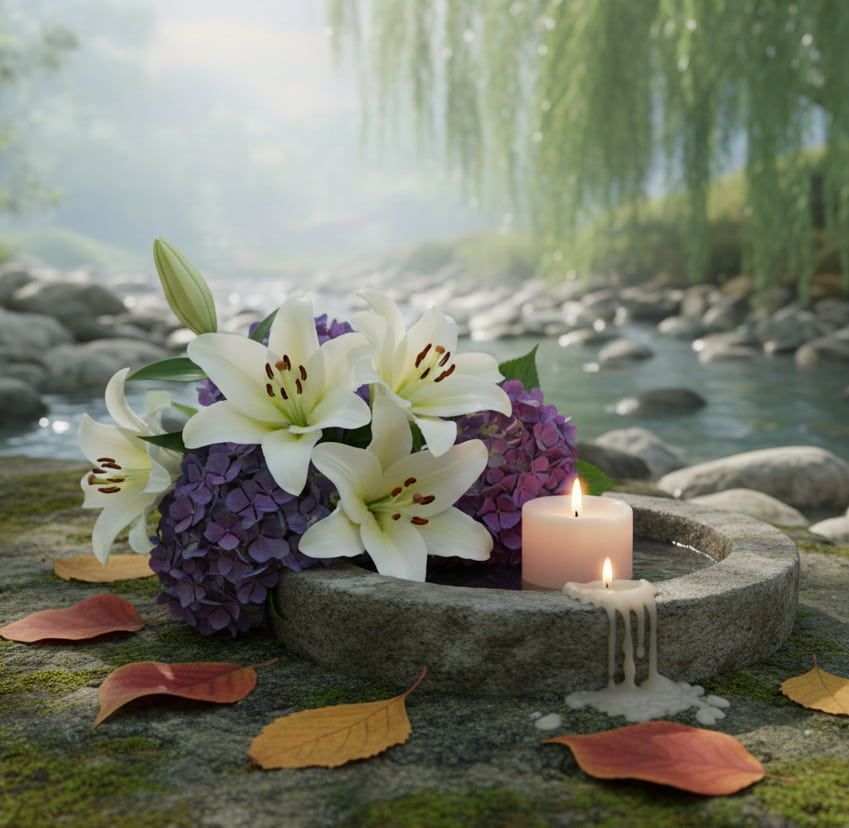Peaceful memorial flowers and candle by the river representing funeral home Rio Bravo, TX services