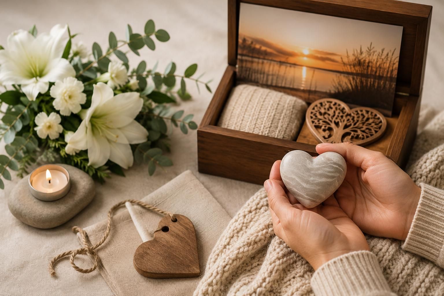 Personalized memorial keepsakes with flowers, candle, and remembrance box 