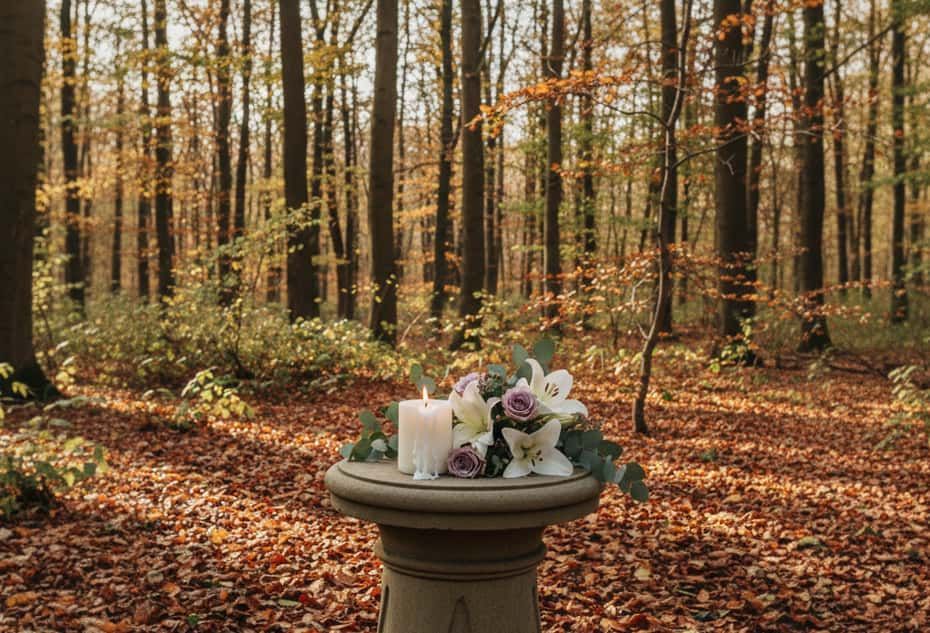 Serene outdoor tribute arranged by funeral home Rio Bravo, TX, featuring a candle and floral display