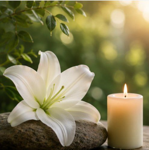 White lily and memorial candle symbolizing peace and remembrance in Laredo, TX.