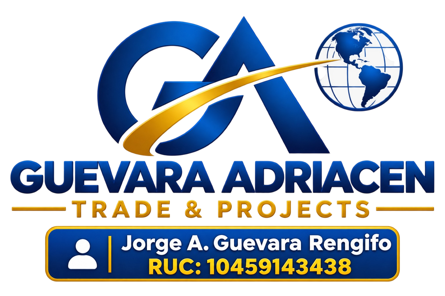 Logotipo de Guevara Adriacen Trade & Projects con letras azules y doradas y gráfico de globo terráqueo; nombre de contacto y RUC a continuación.