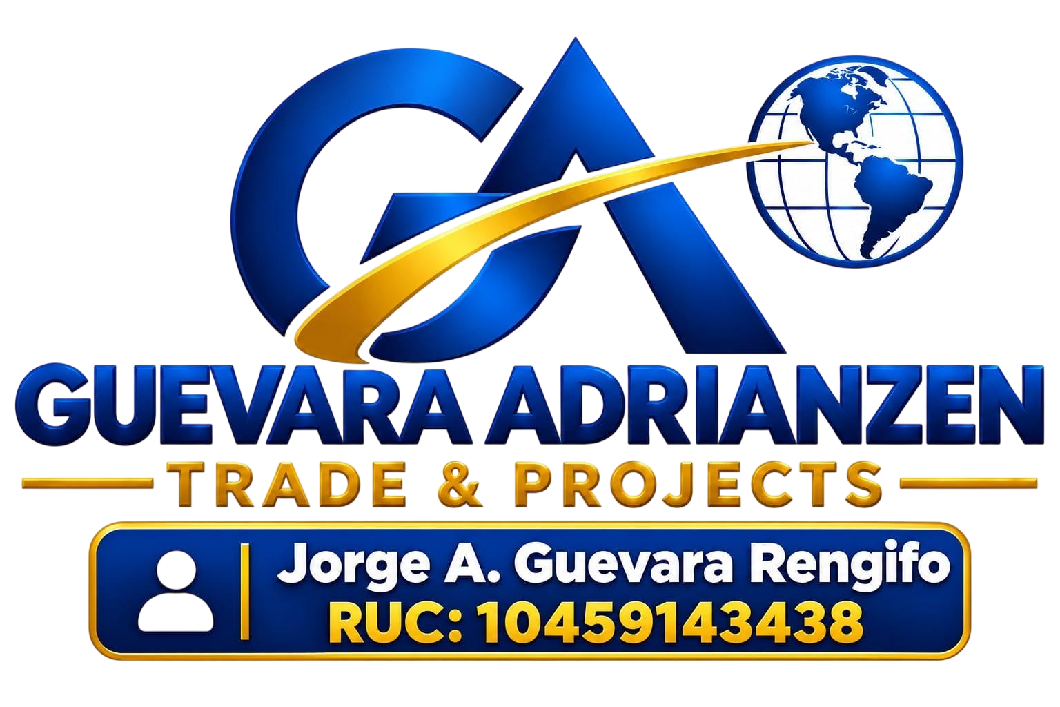 Logotipo de Guevara Adrianzen Trade & Projects con letras azules y doradas y gráfico de globo terráqueo; nombre de contacto y RUC a continuación.