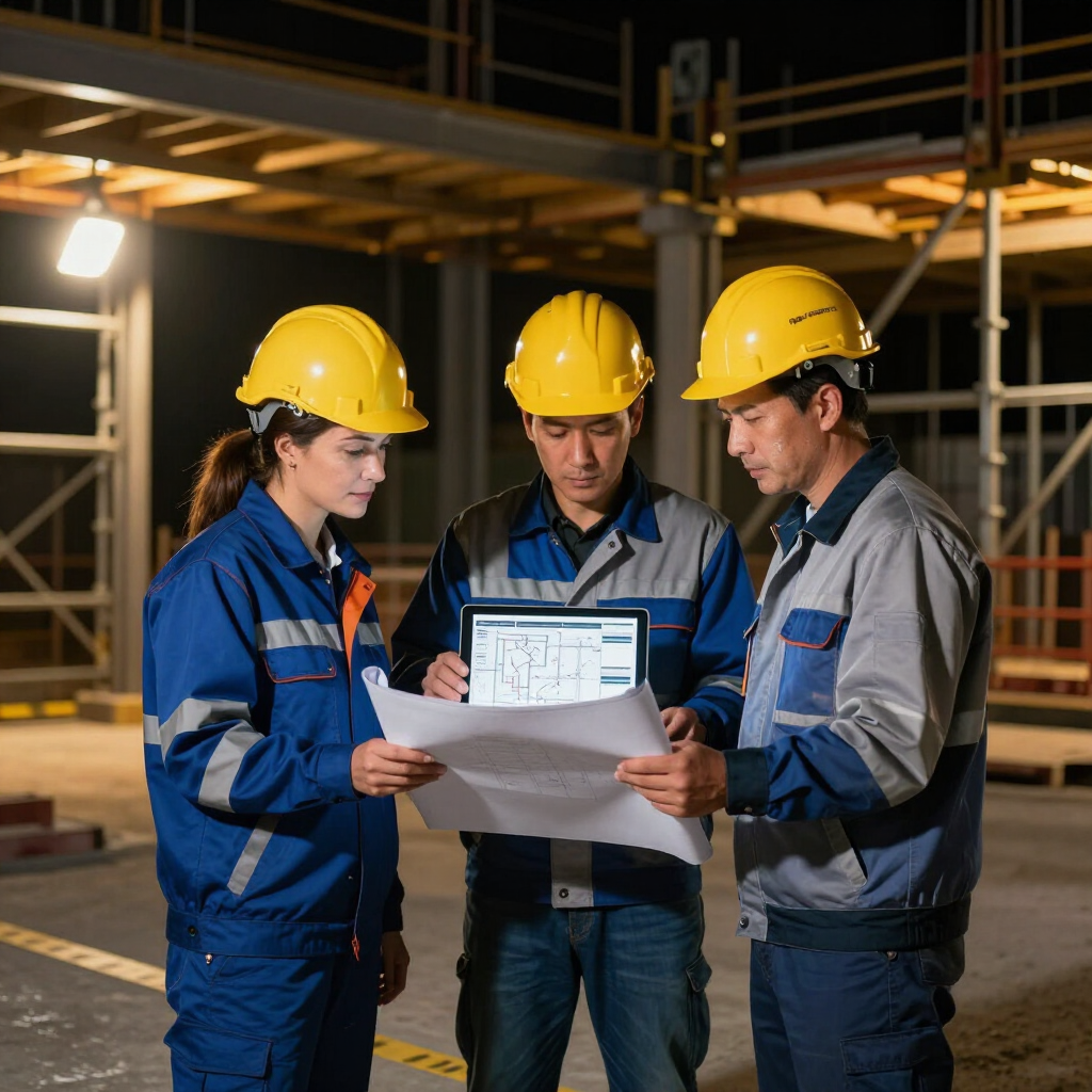 Tres obreros de la construcción con cascos revisan planos en una obra por la noche.