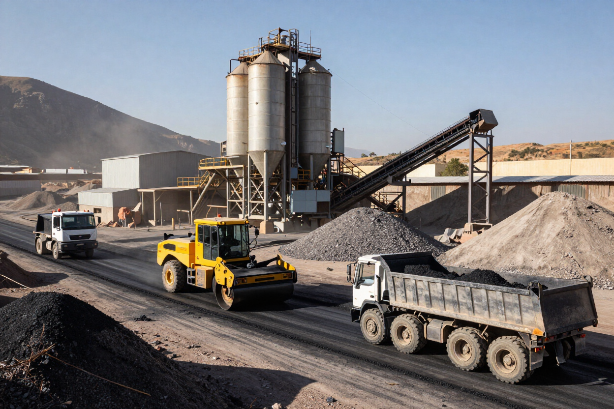 Cantera industrial con camiones, excavadora y cinta transportadora moviendo grava junto a altos silos.
