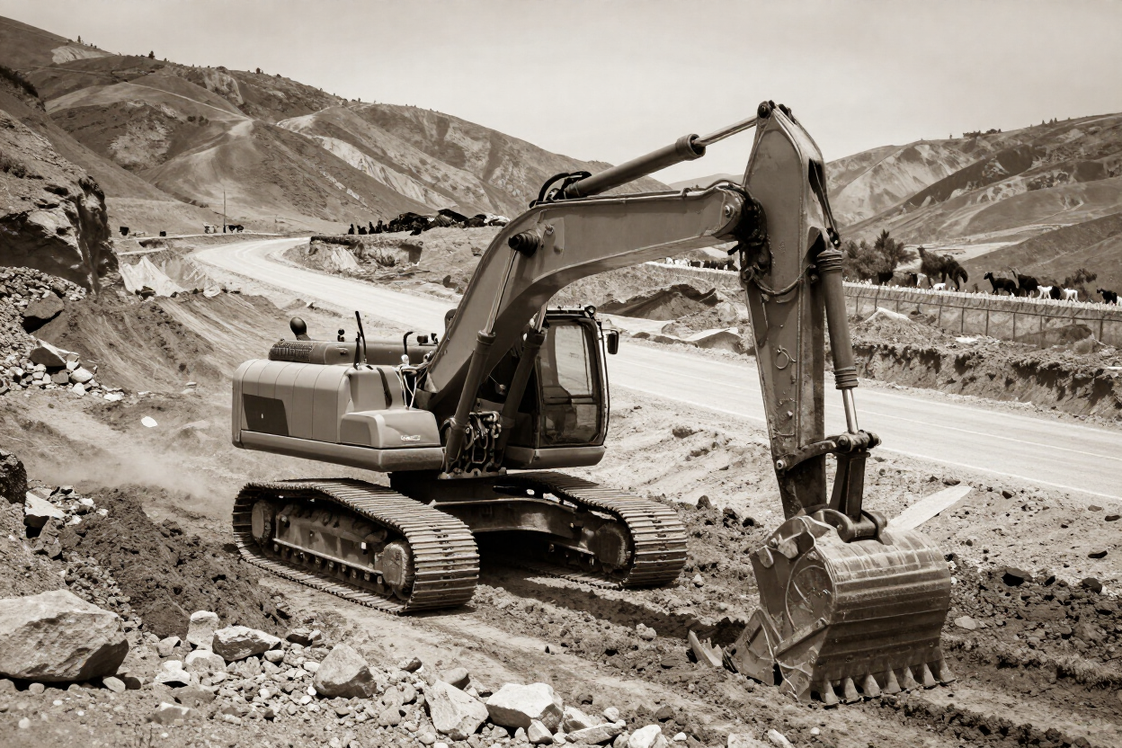Una excavadora está removiendo tierra junto a una carretera en una zona de construcción montañosa.