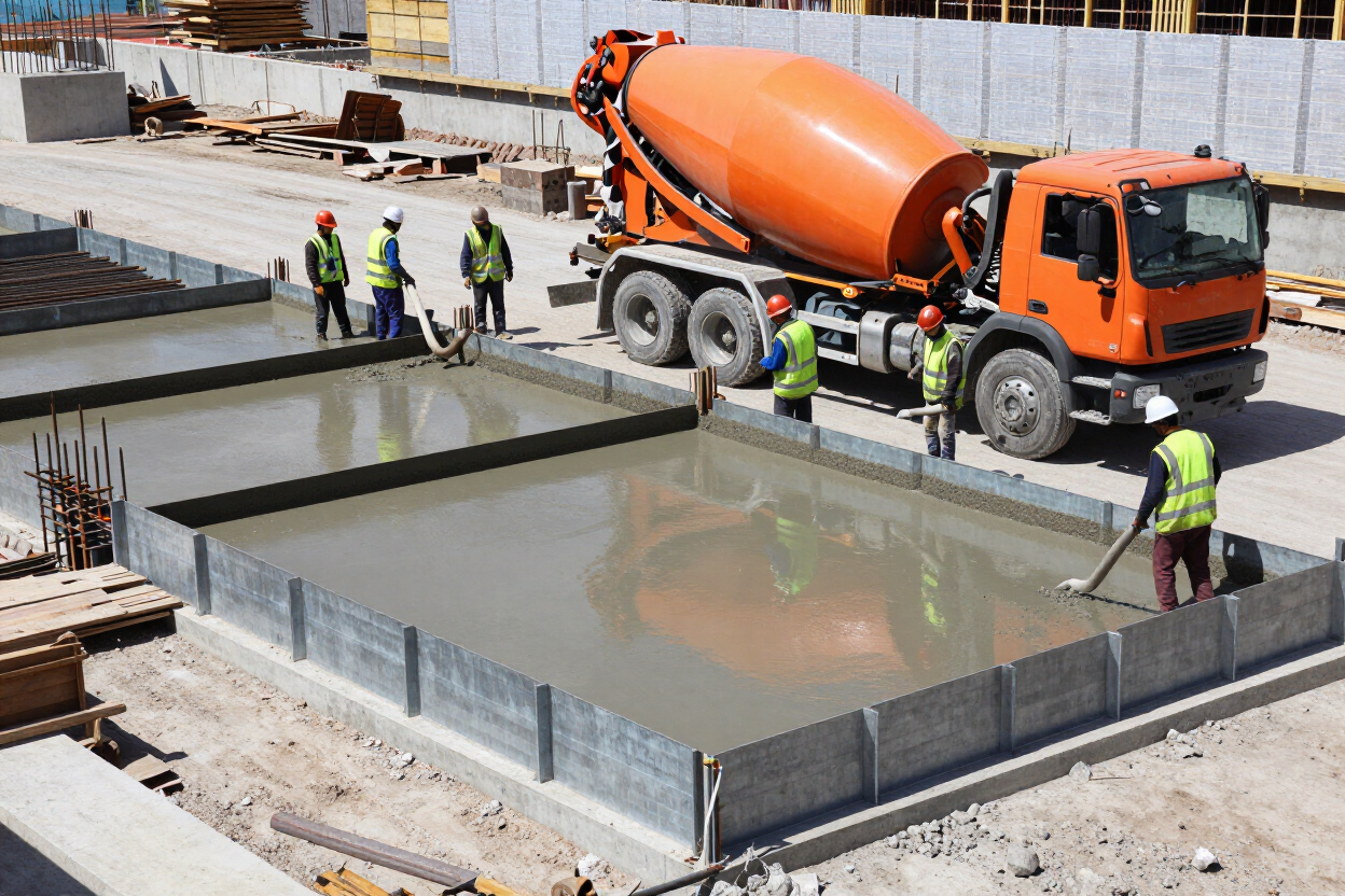 En una obra en construcción, unos trabajadores vierten hormigón desde un camión hormigonera naranja en el encofrado de los cimientos.