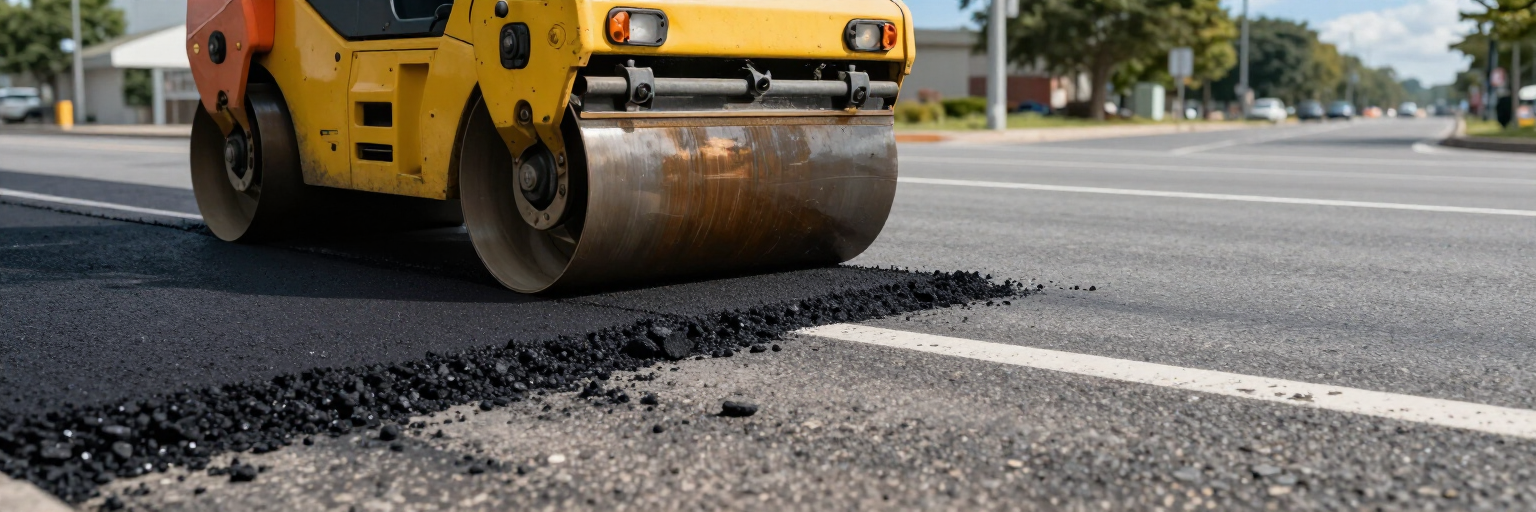 Un rodillo amarillo pavimentando una superficie agrietada en una carretera asfaltada.