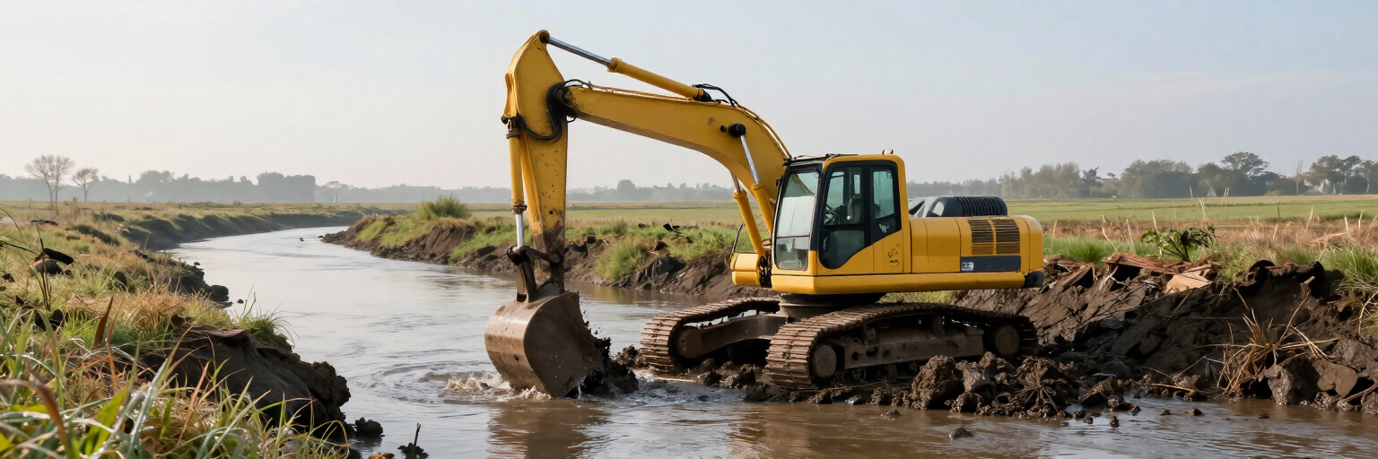 Excavadora amarilla removiendo tierra junto a un río estrecho en un campo de hierba.