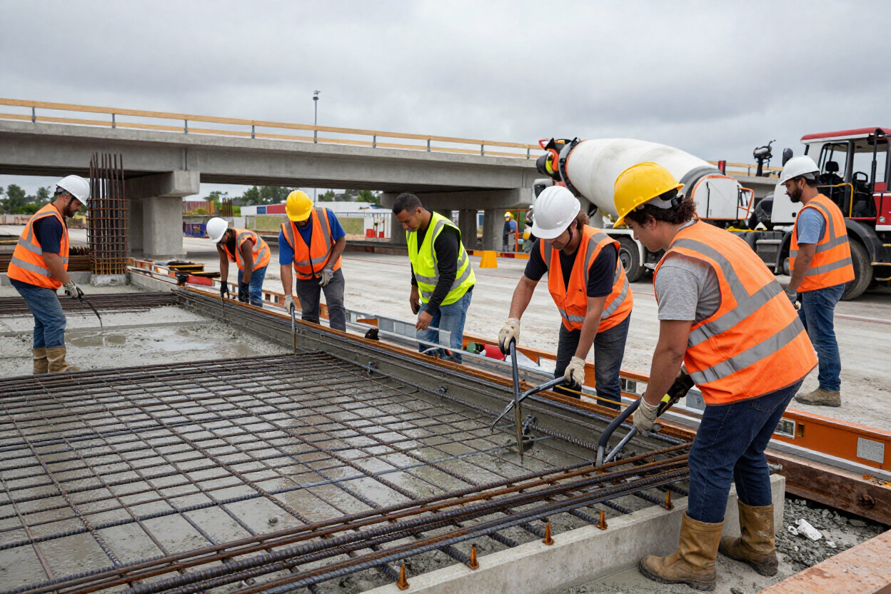 Obreros de la construcción con chalecos naranjas y cascos colocan barras de refuerzo en el tablero de un puente en construcción.