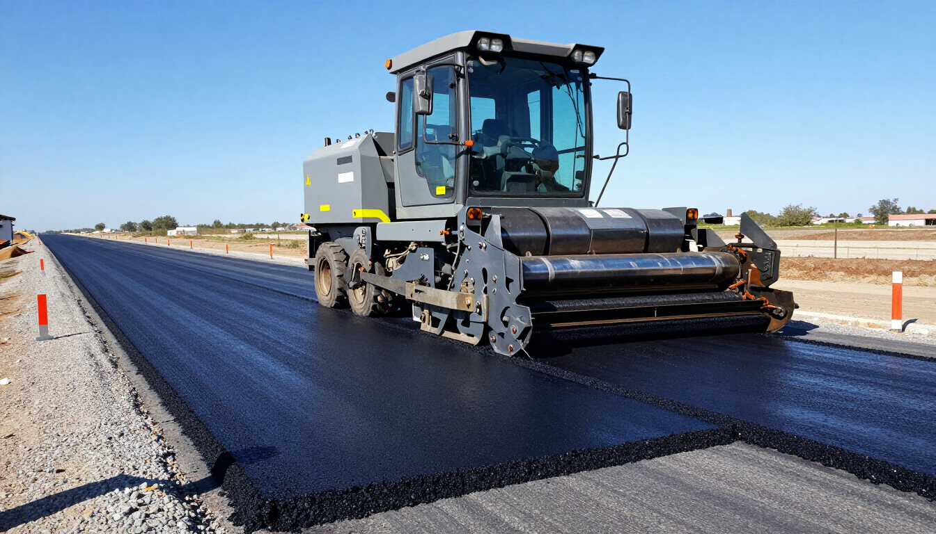 Máquina pavimentadora extendiendo asfalto negro fresco en una carretera soleada.