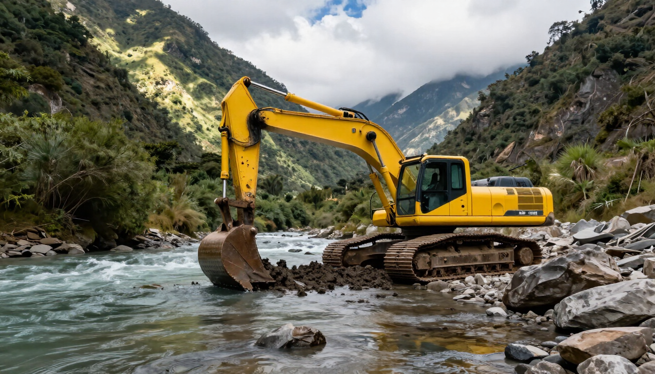 Excavadora amarilla trabajando en el lecho rocoso de un río con montañas al fondo.