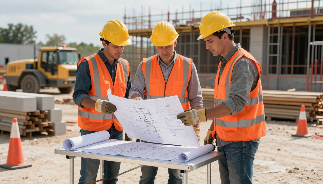 Tres obreros de la construcción con chalecos naranjas revisan planos en una obra.
