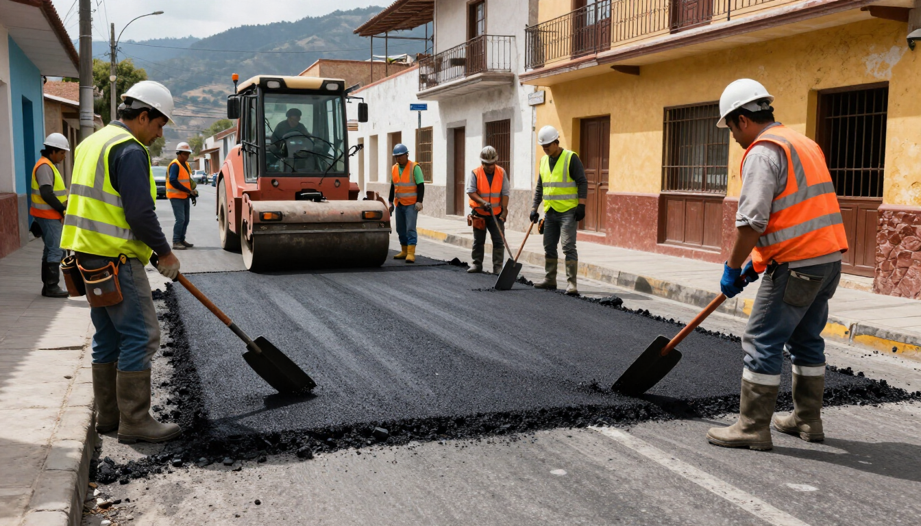 Un equipo de trabajadores viales pavimenta una calle con asfalto negro nuevo utilizando rastrillos y un rodillo.