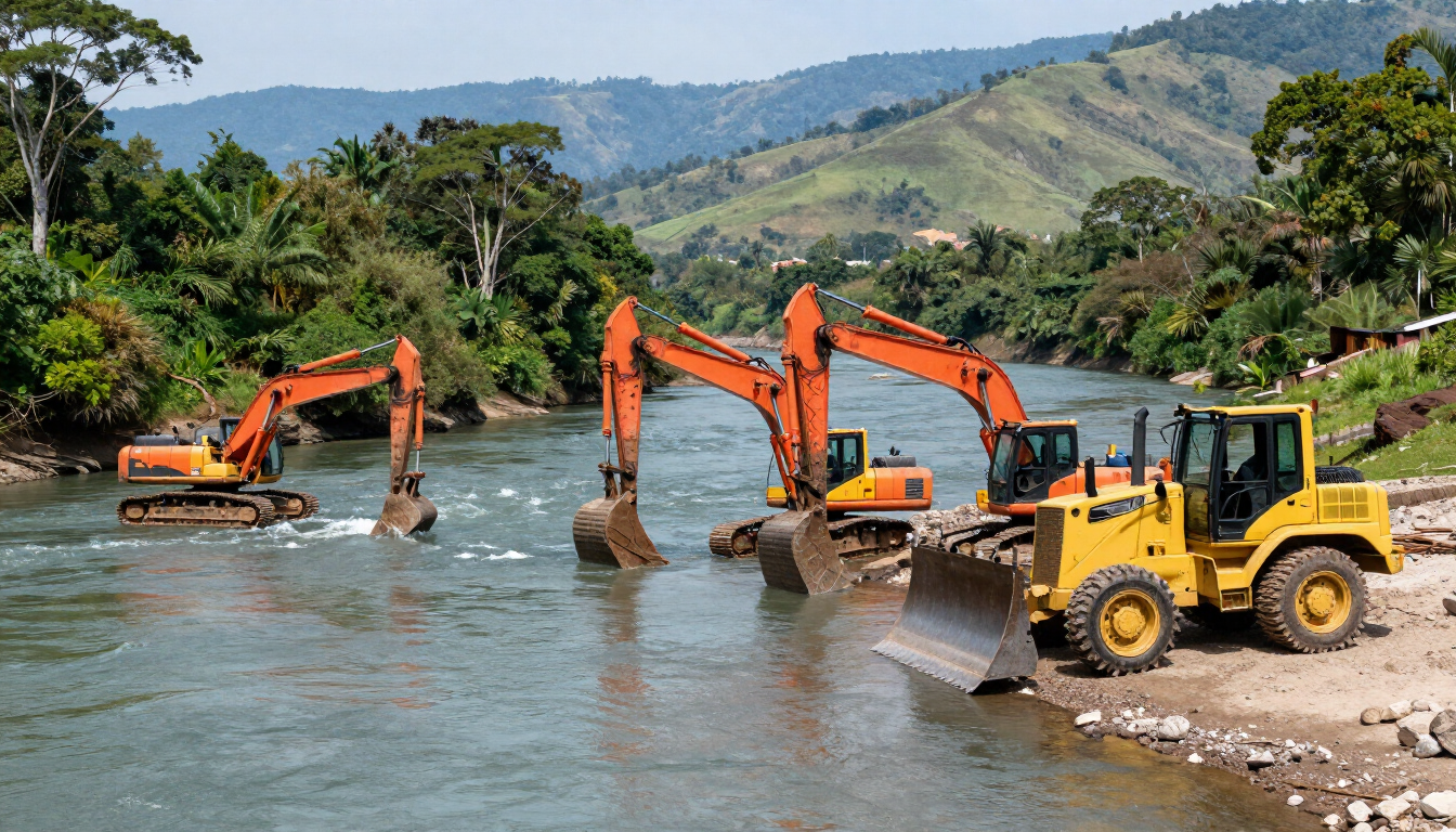 Excavadoras y una cargadora amarilla trabajando en un río poco profundo con montañas al fondo.