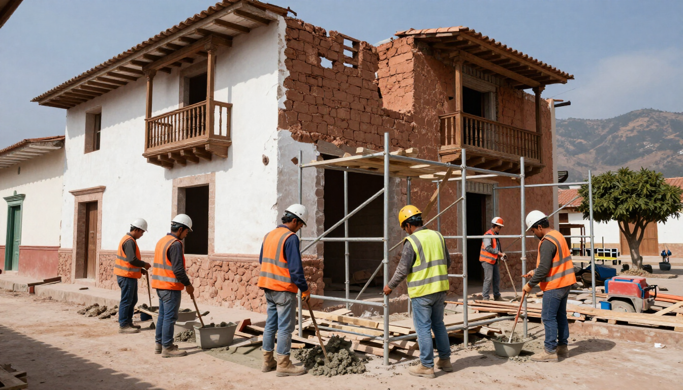 Obreros de la construcción con chalecos naranjas y cascos construyendo una casa de ladrillos con andamios.