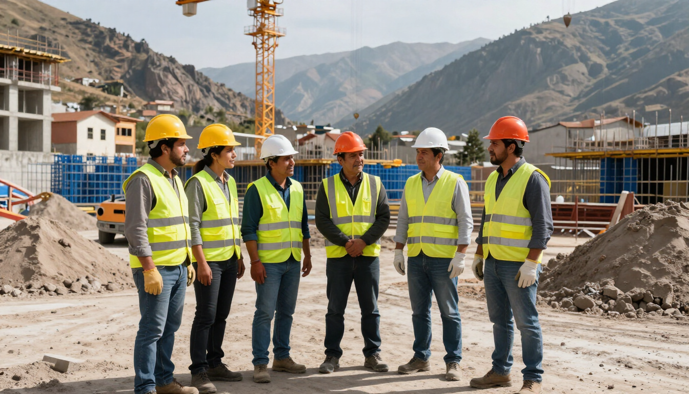 Obreros de la construcción con cascos y chalecos de seguridad de pie en una obra con montañas de fondo.