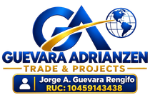 Logotipo de Guevara Adrianzen Trade & Projects con letras azules y doradas y gráfico de globo terráqueo; nombre de contacto y RUC a continuación.