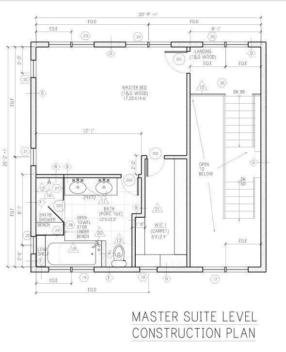 A black and white floor plan of a master suite level construction plan.