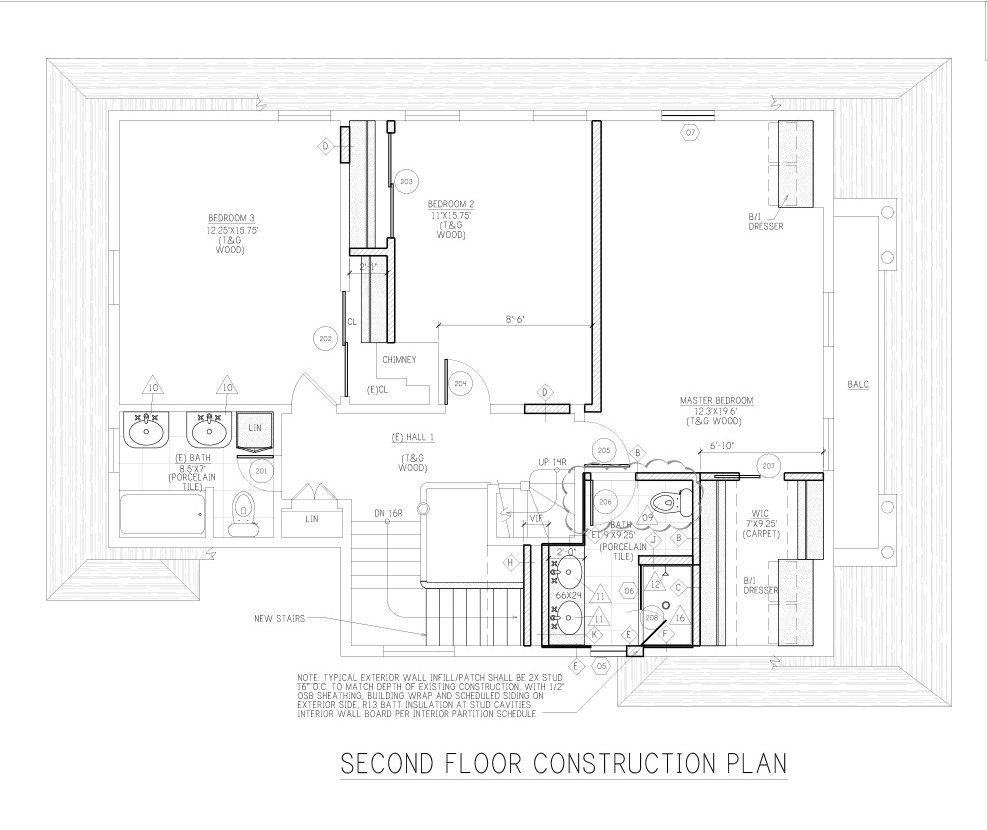 A black and white drawing of a second floor construction plan.