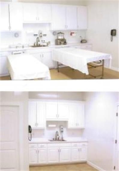Bright white medical exam room with two treatment tables and cabinets, shown in two views.