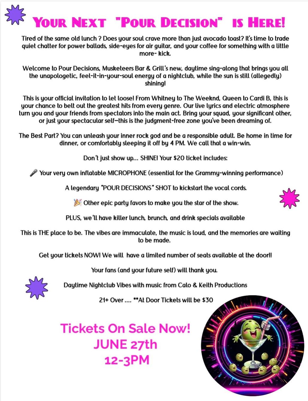 Event flyer for a Pour Decision event featuring text details, sale dates, and a cartoon olive in a martini glass.