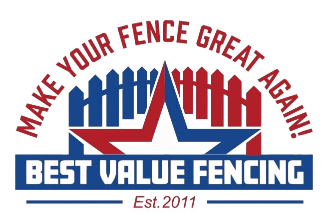 Best Value Fencing logo with red and blue fence, star, and slogan “Make Your Fence Great Again!”