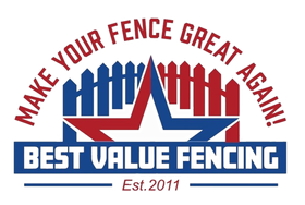 Best Value Fencing logo with red and blue fence, star, and slogan “Make Your Fence Great Again!”