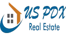 Logo for US PDX Real Estate featuring a stylized house icon with a blue swoosh and the company name in blue text.