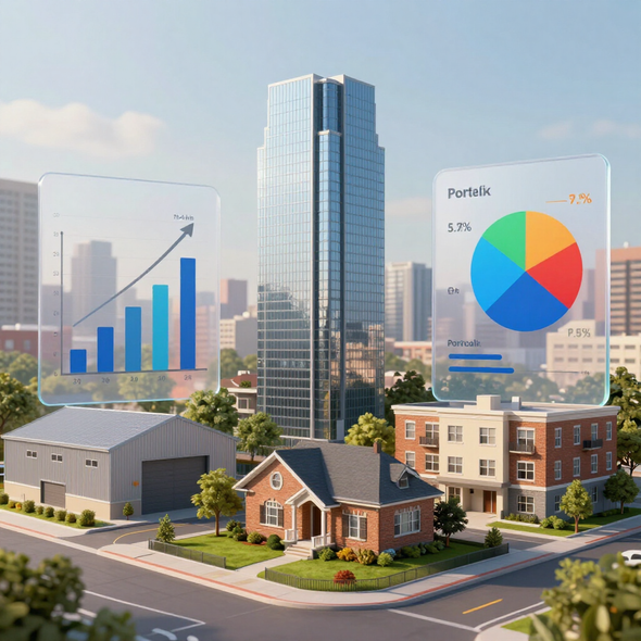 A neighborhood scene with various buildings overlaid by digital data visualization charts showing growth and statistics.