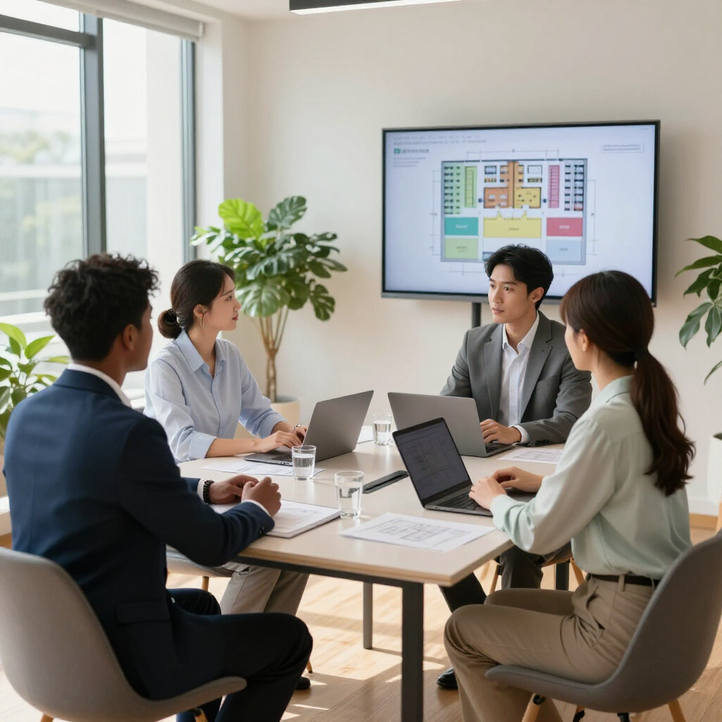 Four colleagues in a bright office meeting room collaborate around a table with laptops while viewing a floor plan on TV.