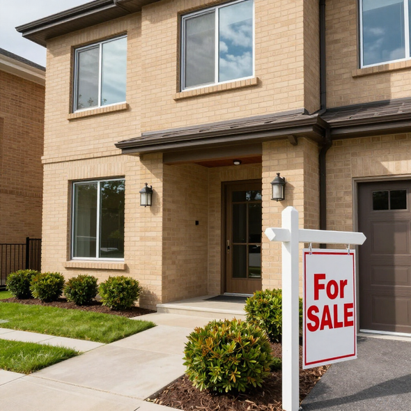 A modern two-story tan brick house with a