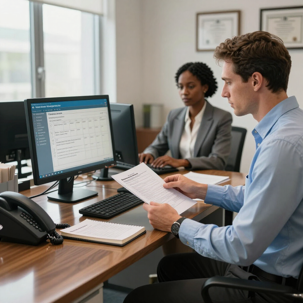 Two office professionals work at desks in a bright, modern workspace, reviewing documents and computer data.