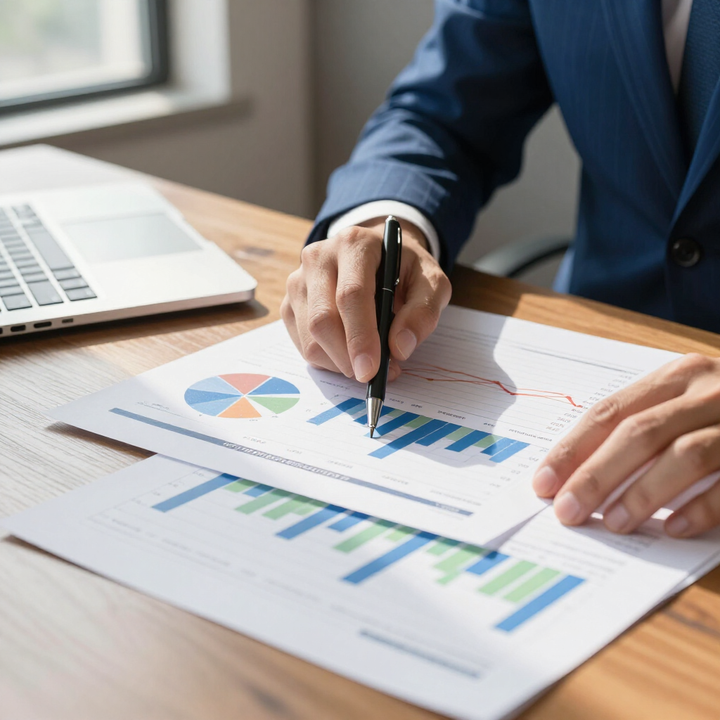 A person in a blue suit reviews business charts and graphs on papers at a desk with a laptop.