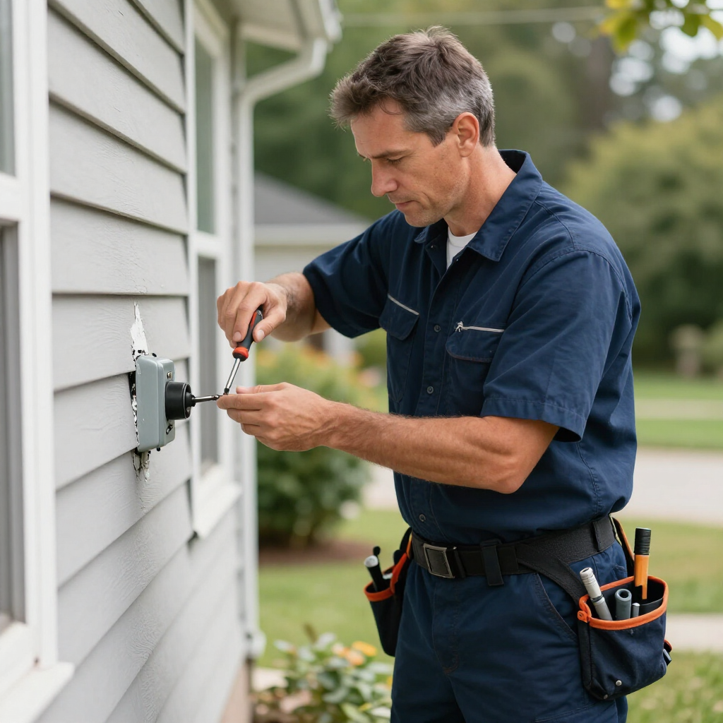 A technician in a blue uniform uses a screwdriver to work on an electrical outlet box on a house's exterior siding.