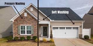 A picture of a house before and after pressure washing and soft washing.