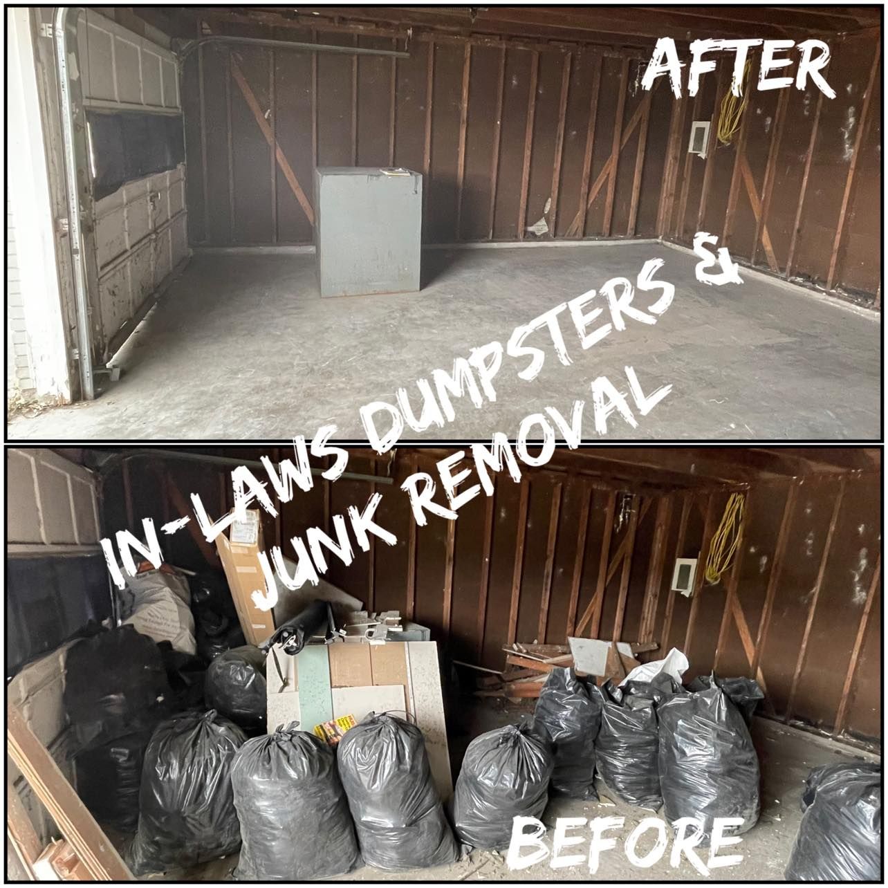 A before and after photo of a garage filled with junk.