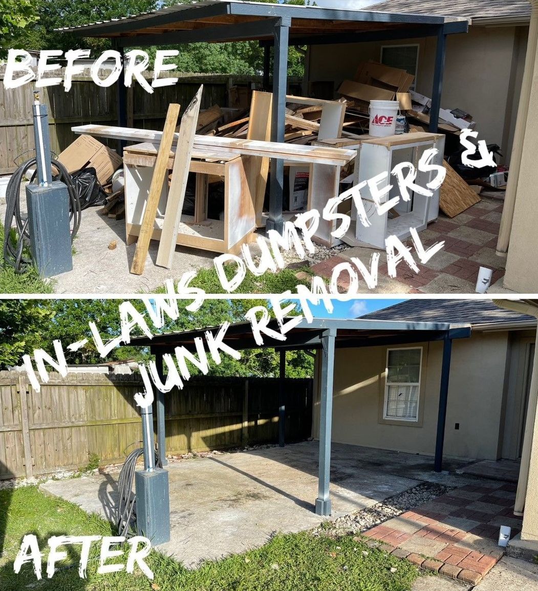 A before and after picture of a house that has been cleaned of junk.