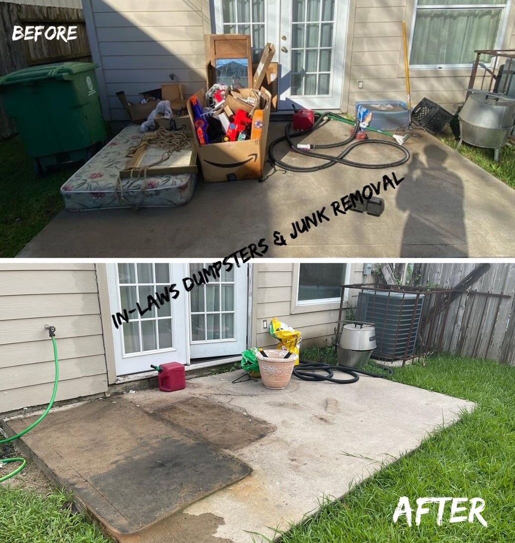 A before and after picture of a junk removal service.