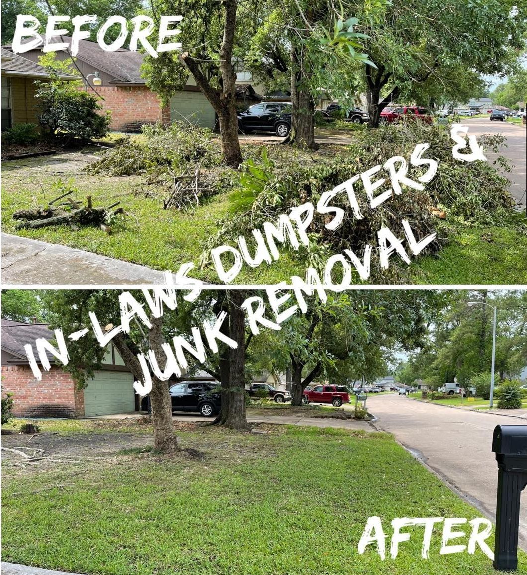 A before and after picture of a yard with trees and junk removal.